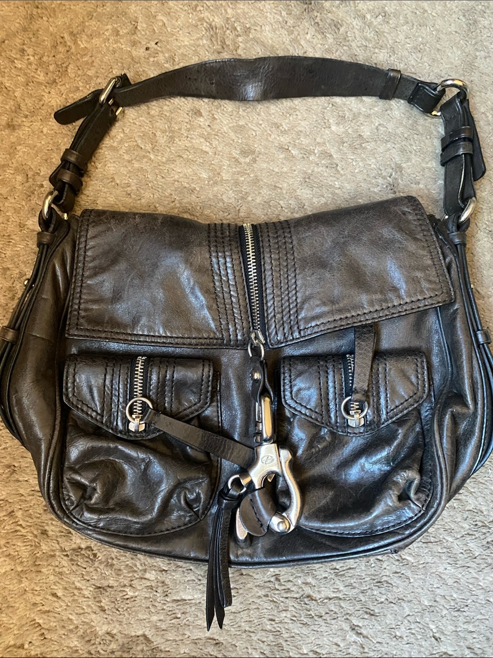 Francesco Biasia Black Leather Shoulder Bag with Front Pockets